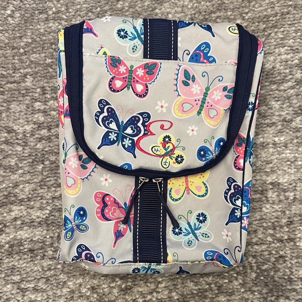 Like new Pottery Barn Butterfly Print monogram E Hanging toiletry bag
